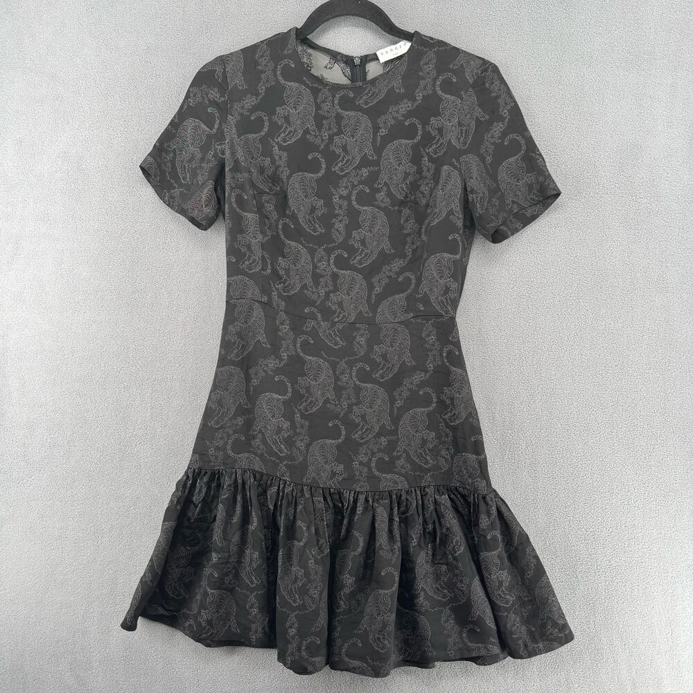 Sandro Paris Ruffle Hem Mini Dress Womens 1 Black Tiger Print Short Sleeve